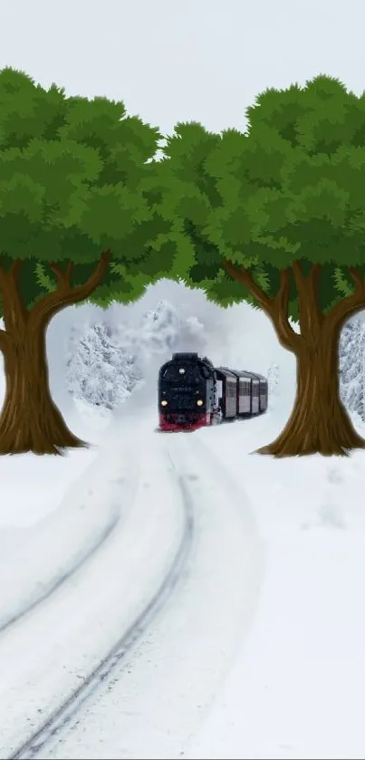 Train travels through snowy forest between green trees.