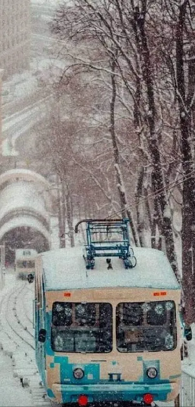 Tram on snowy tracks with urban winter landscape.