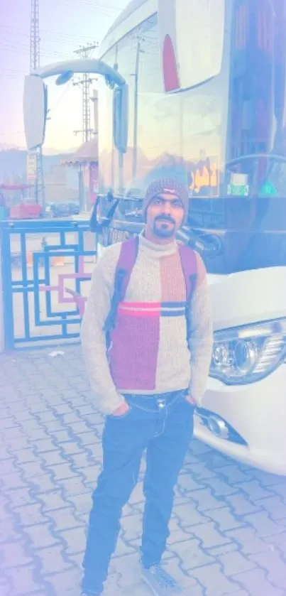 Traveler in winter attire with bus and snowy mountains.