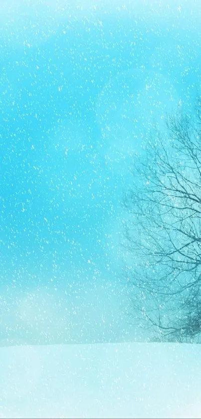 Wallpaper of a bare tree in a snowy, blue mist landscape with serene ambiance.