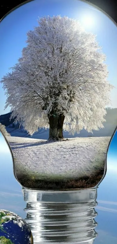 Frosted tree inside a light bulb with cosmic Earth background.