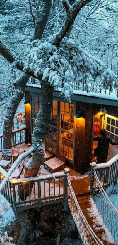 Cozy treehouse in snowy forest with warm glowing lights.