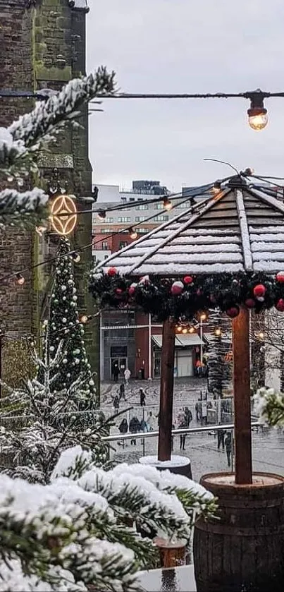 Snowy urban scene with festive decorations and historical buildings.