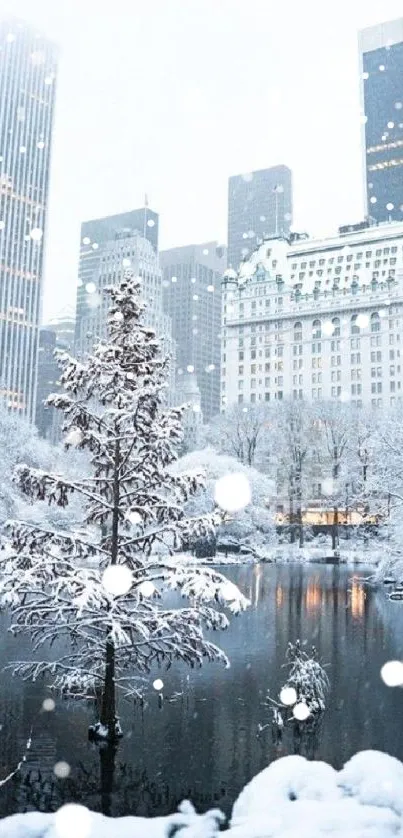 Snow-covered urban skyline with winter park and high-rise buildings.