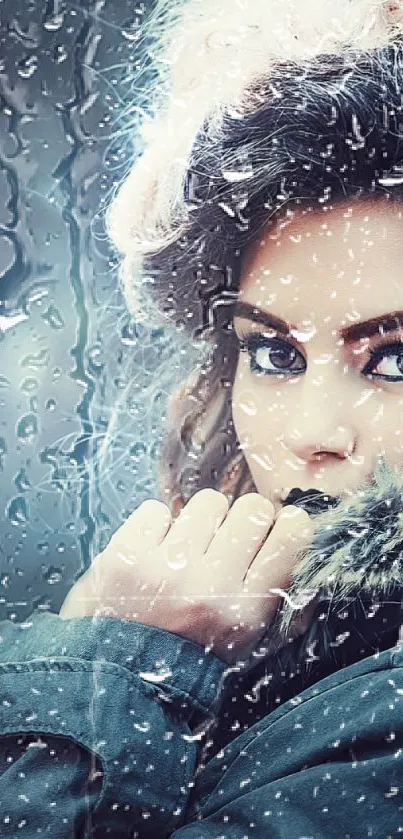 Rainy window portrait with winter fashion.