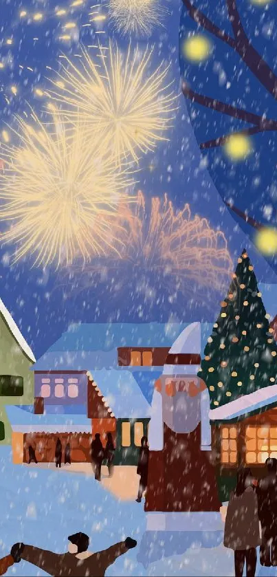 Winter village with fireworks and snow falling, creating a festive atmosphere.