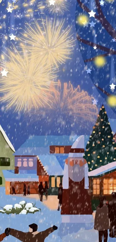 Festive winter village with fireworks and snow.