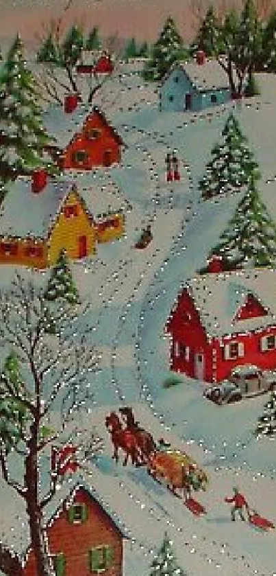 Charming winter village with snowy houses.