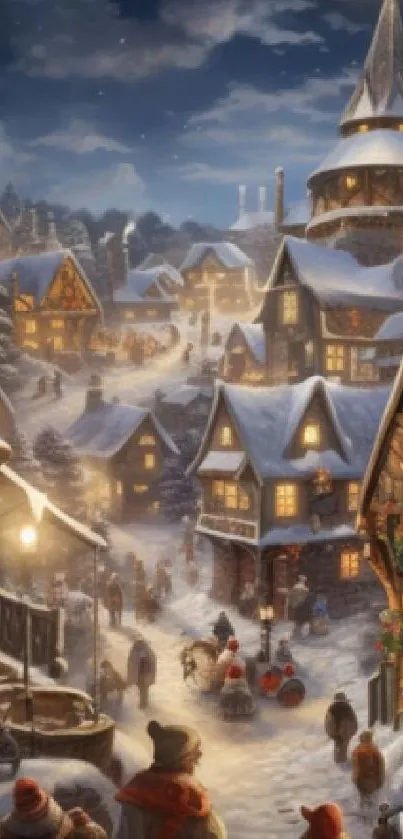 Winter village scene with snowy rooftops and warm glowing lights at night.