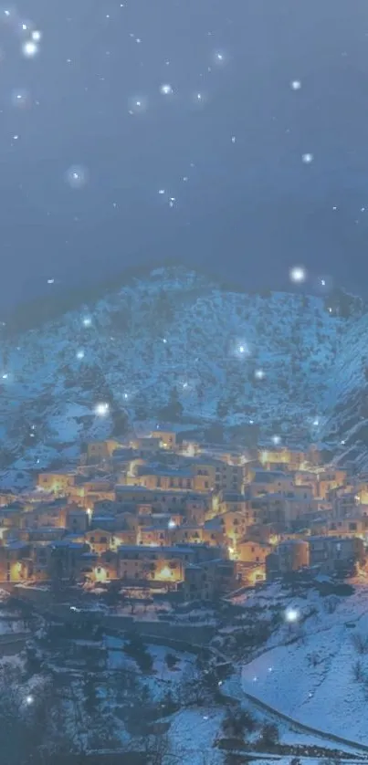 Snowy winter village illuminated at night with mountains in the backdrop.