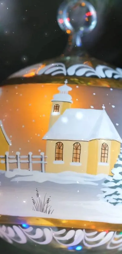 Hand-painted winter village on a Christmas ornament with snowy background.