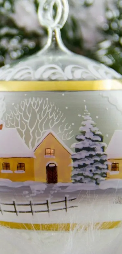 Charming winter village scene on glass ornament.