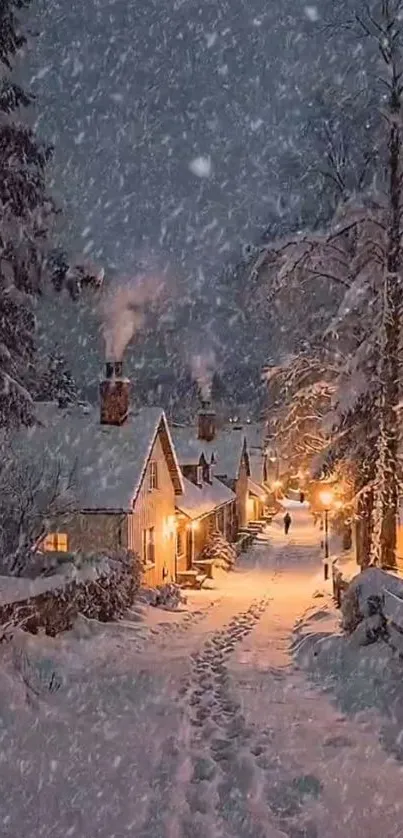 Tranquil snowy winter village at night with warm lights and falling snowflakes.