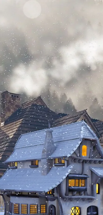 Snowy village houses with warm lighting amidst falling snow.