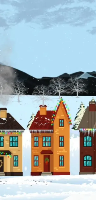 Winter village scene with snow-covered houses and mountain backdrop.