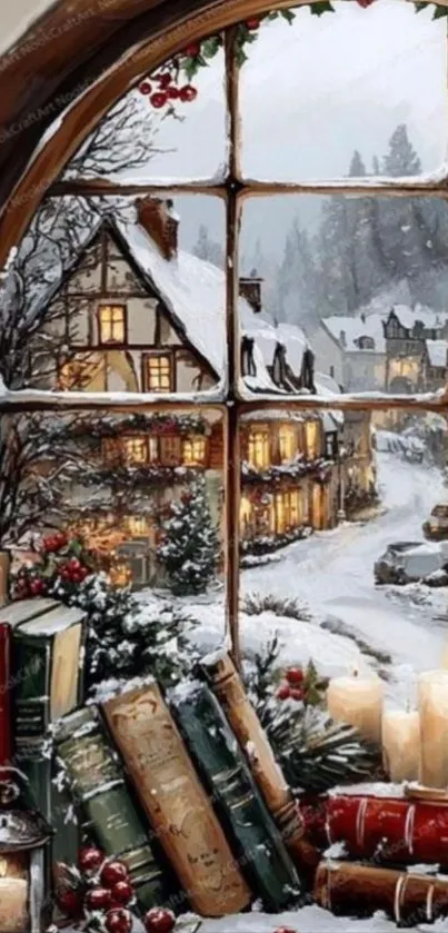 Cozy window view of a snowy winter village with vintage books.
