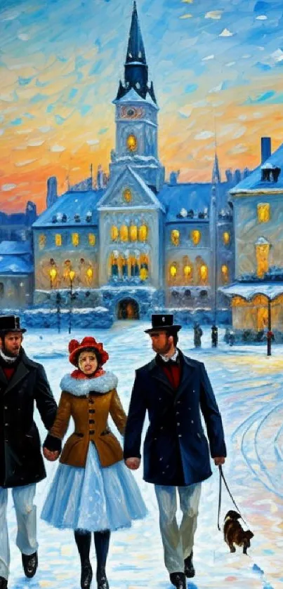 Vintage winter town scene with elegant figures and blue sky.
