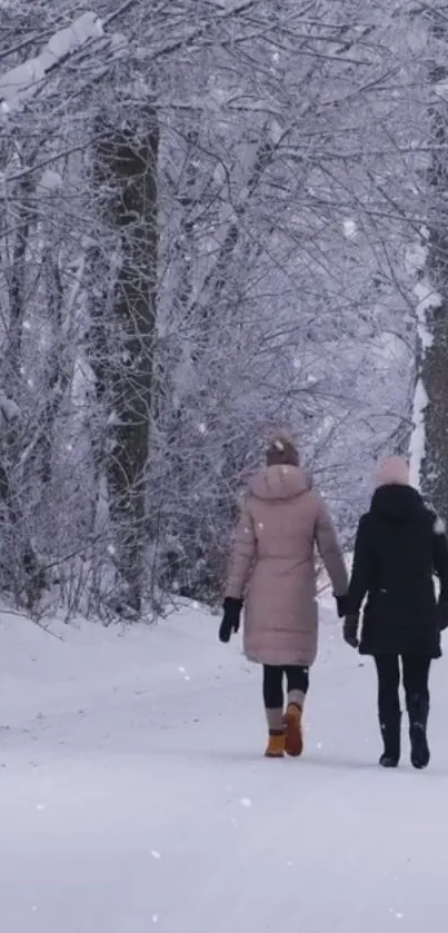 Two people walking in a snowy forest path.