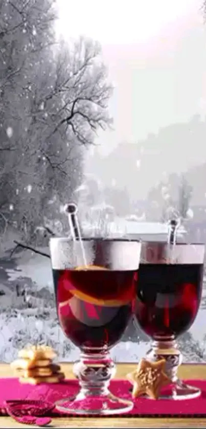 Winter setting with mulled wine and snowy trees.