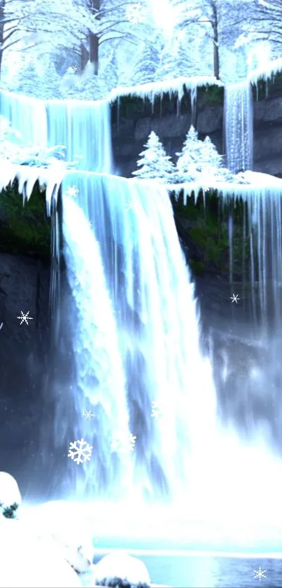 Snow-covered waterfall in winter forest scene.