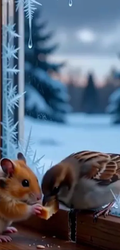 Hamster and bird sharing food by a frosted winter window.