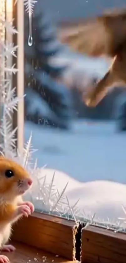 Cute hamster and bird by a frosty winter window.