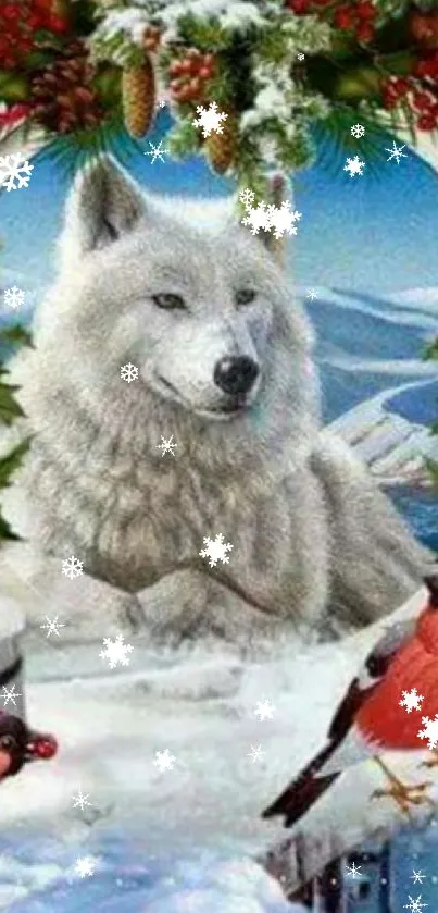 White wolf in winter scene with red birds and festive greenery.