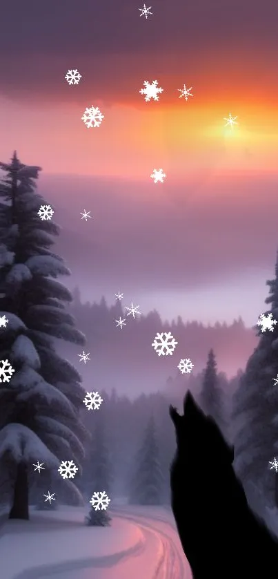 Wolf silhouette at snowy sunset in forest with falling snowflakes.