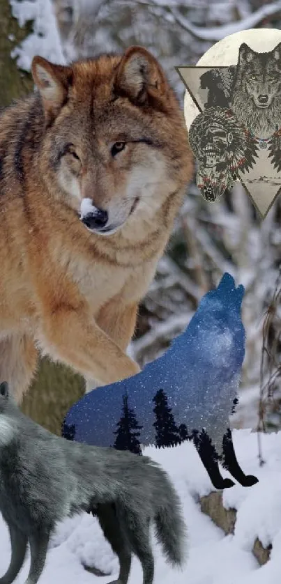 A winter forest scene with a wolf and snow-covered trees.