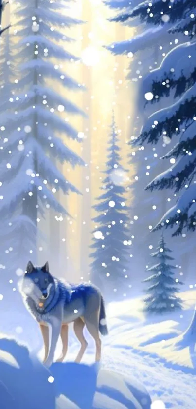 Wolf standing in a snowy forest with sunlight filtering through trees.