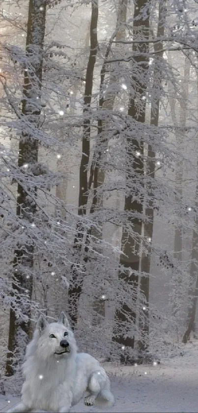 White wolf in a snowy forest scene under soft winter light.