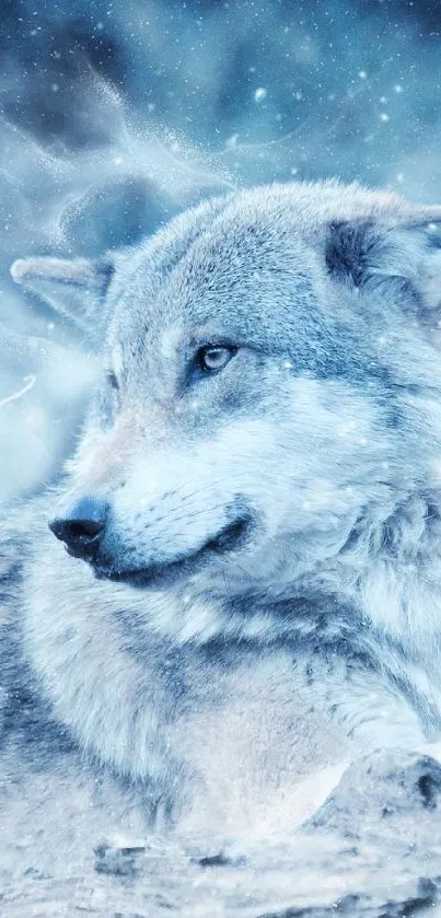 A majestic wolf lying in a serene snowy landscape.