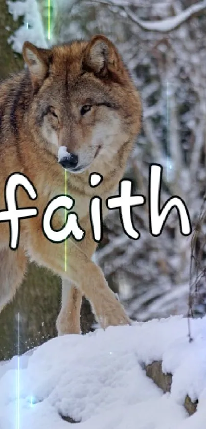 A wolf stands in a snowy forest with the word 'faith' overlaying the scene.