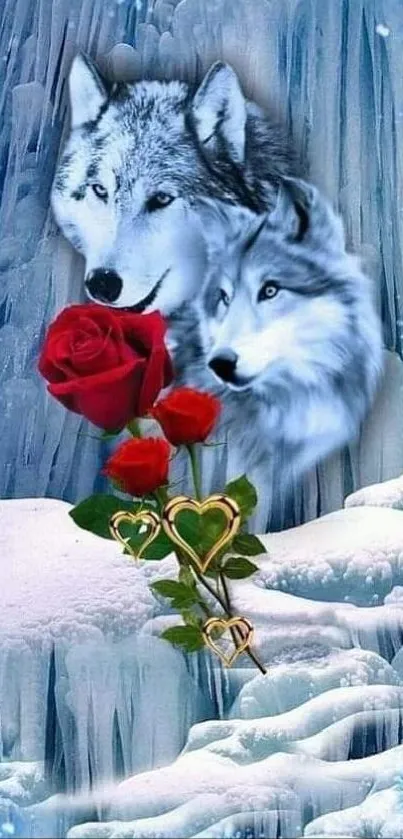 Wolves with red roses in icy landscape wallpaper.