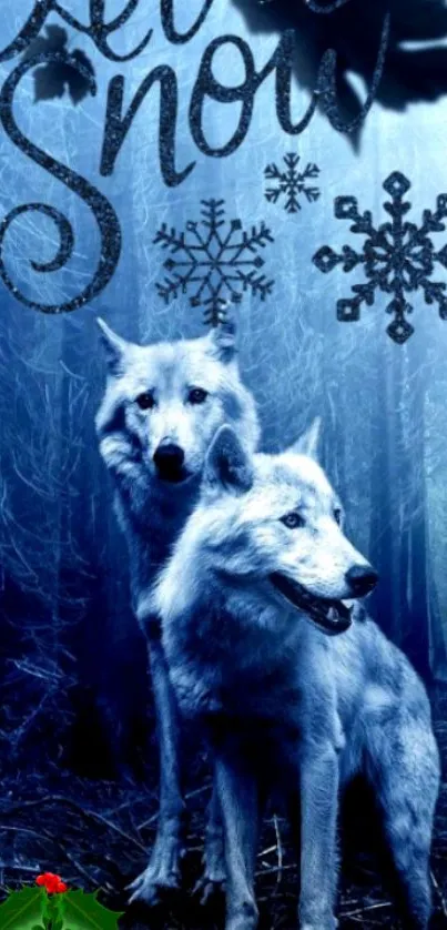 Majestic wolves in a snowy forest winter scene.