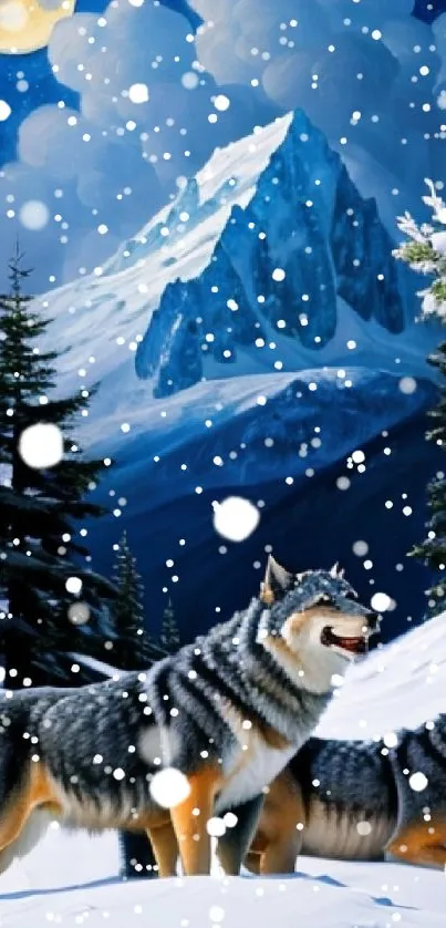 Wolves in a snowy mountain landscape under a starry night sky.