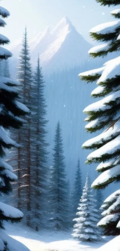 Snow-covered trees with mountains in the background, creating a peaceful winter scene.