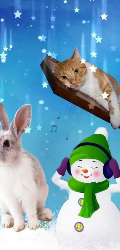 Charming wallpaper of a cat, rabbit, and snowman under a blue starry sky.