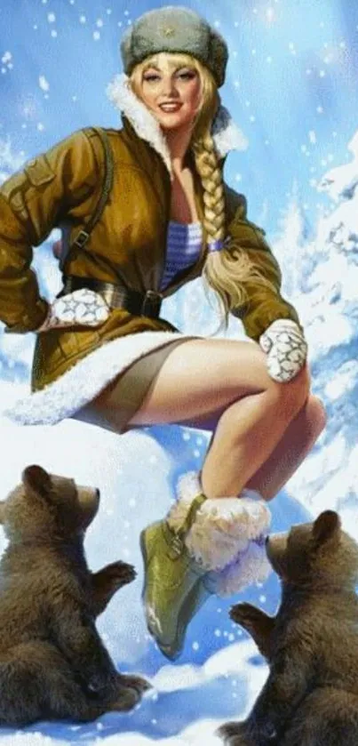 Artistic wallpaper of a woman in winter snow with bear cubs.