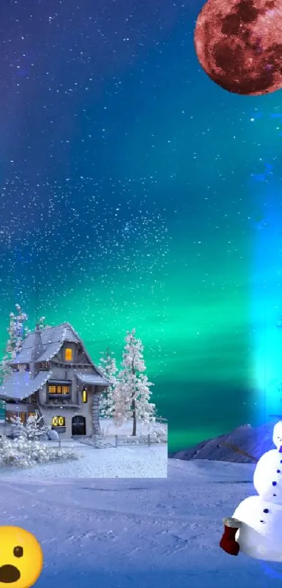 Magical winter scene with aurora, moon, and snowman.