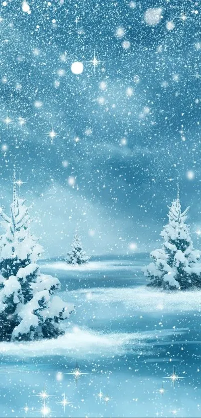 Snow-covered trees under a starry sky with falling snowflakes.