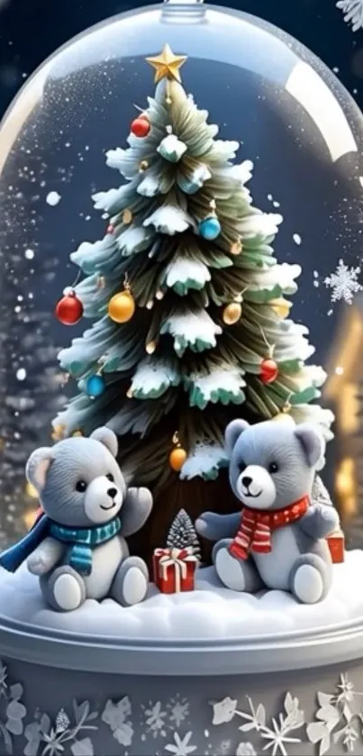 Two teddy bears in a snow globe with Christmas tree.