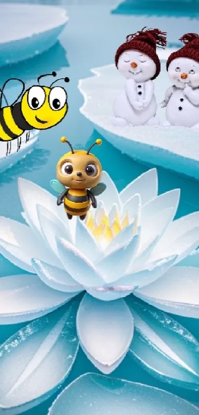 Cartoon bee and snowmen on icy lotus wallpaper