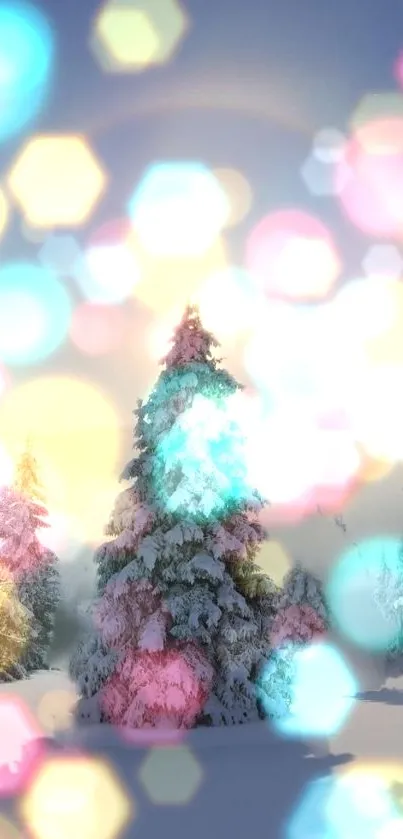 Snow-covered trees with bokeh lights in a winter scene.