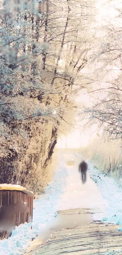 Snowy bridge with icy trees at sunset creating a serene winter scene.