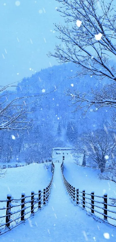 Serene winter bridge covered in snow with gentle snowfall and frosty trees.