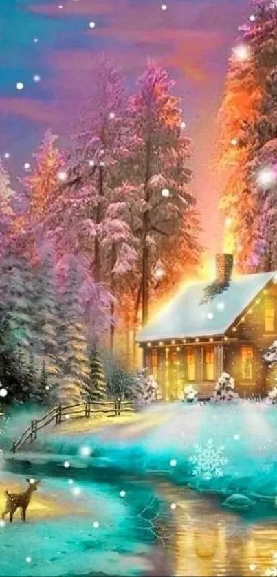 Snow-covered cabin in winter wonderland with falling snowflakes.