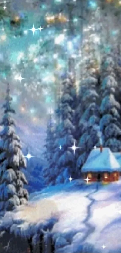 Snowy cabin in winter forest with sparkling night sky effects.