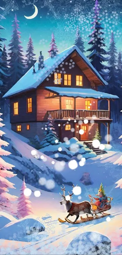 Cozy cabin in snowy forest with reindeer sleigh near a crescent moonlit sky.