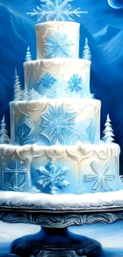 Icy tiered cake in snowy winter landscape with snowflakes and blue tones.